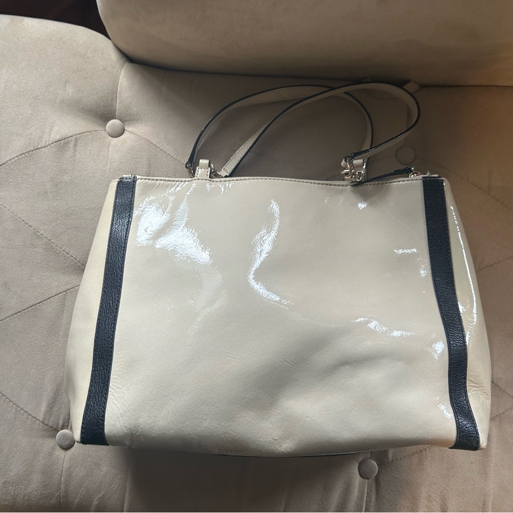 Kate Spade Cream Black Patent Leather Color block Satchel Tote Purse Handbag - Picture 3 of 15